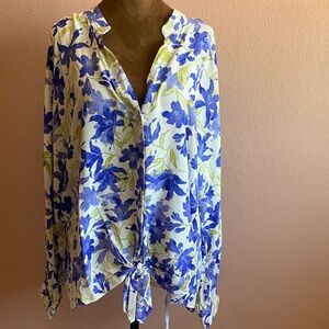 CeCe Blue & White Floral Tie-Front Blouse